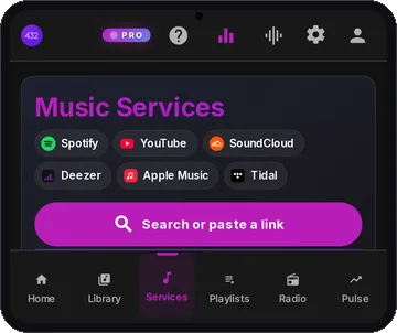 Die Seite Musikdienste (432 Bridge) des 432Hz-Web-Players auf einem Bildschirm in Android-Größe: die Dienst-Schaltflächen und das Suchfeld