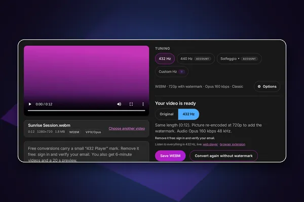 The 432Hz Video Converter retuning the soundtrack of an MP4 video