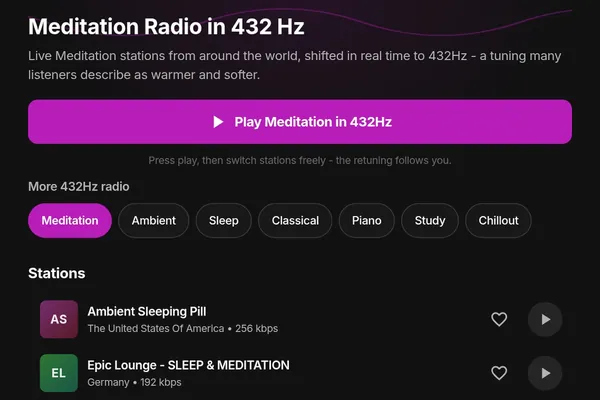 Die Meditationsradio-Seite des 432Hz-Web-Players mit live auf 432Hz umgestimmten Sendern
